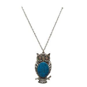 Silver Tone Owl Pendant Necklace With Faux Turquoise Stone Accent